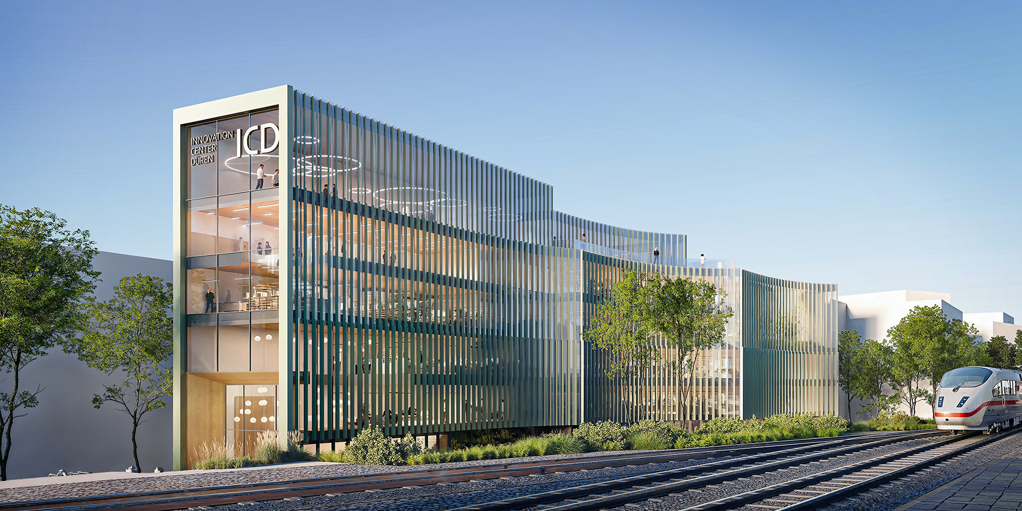 Visualisierung Innovation center Düren aus Sicht des Bahnhofs